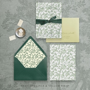 Grüner Umschlag Liner und Pergamentverpackung für Hochzeitseinladung, printable Download, Vintage Garten botanische Umschlagliner