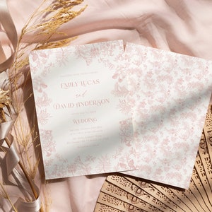 Rosa Chinoiserie hochzeitseinladung Klassische französische Toile de Jouy Hochzeit einladen, Blush rosa Regency Hochzeit, Vintage Floral Toile Hochzeit einladen
