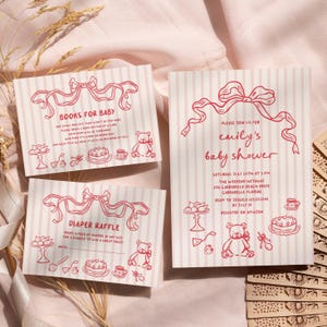Bogen-Tee-Party Einladungs-Mädchen-Babyparty einladen Satz, wunderliche handgeschriebene Hand gezeichnete rosa Teddybärtee-Babyparty einladen