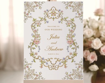 Regency Wedding Welcome Sign, Gold Pink Floral, Vintage Frame (Editable Template)