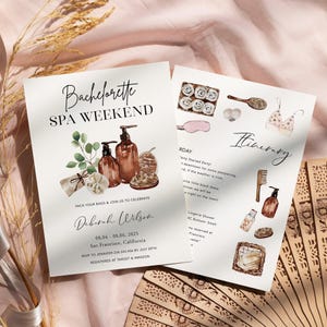 Spa Bachelorette party invitation and itinerary, pack your bags spa weekend invite, wellness Spa bachelorette invitation
