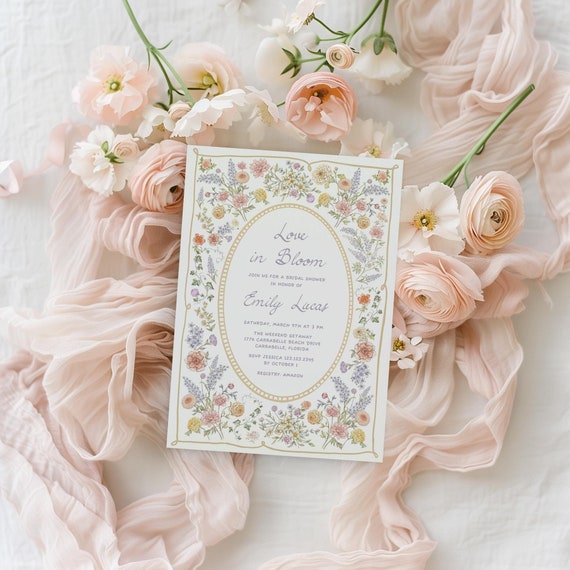 Love in Bloom Bridal Shower Invitation, Vintage Wildflower Floral Spring Garden Party Editable Template