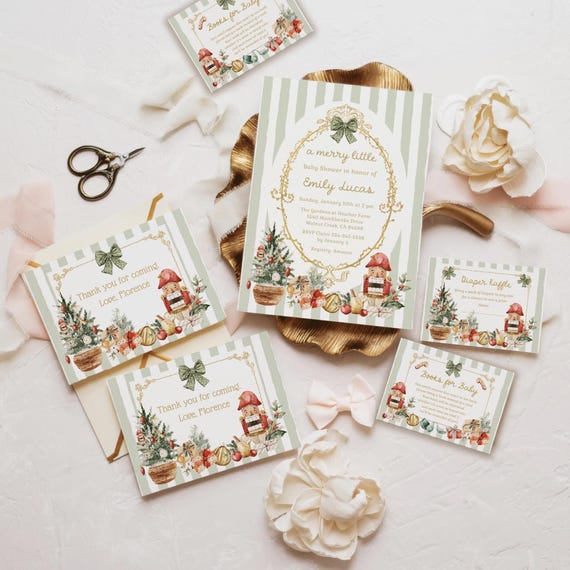 → View on Etsy: Green Striped Nutcracker Baby shower invitation suite: Vintage Coquette Christmas theme, Merry Little Invite Green Striped Nutcracker Baby shower invitation suite: Vintage Coquette Christmas theme, Merry Little Invite