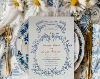 Blue Floral Rehearsal dinner invitation, Vintage Regency Chinoiserie Crest The night before Wedding Template