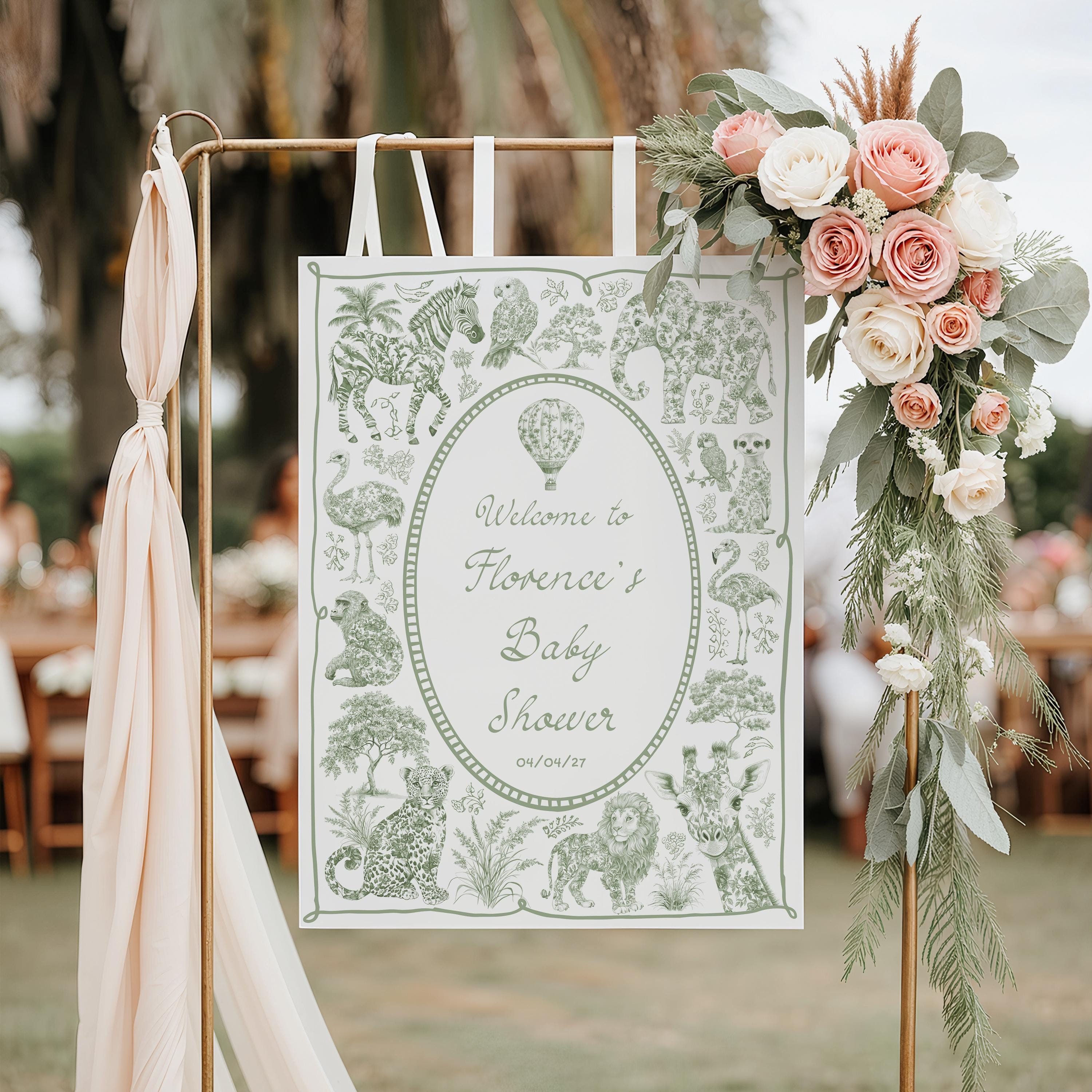 Toile safari baby shower welcome sign vintage Chinoiserie sage green Baby shower Sign, Neutral Boy Girl jungle animals Welcome sign