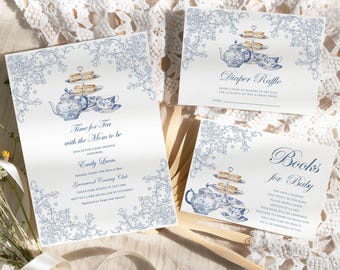 Chinoiserie Tea Party Baby Shower Invitation, Blue Floral Vintage Toile Editable Template