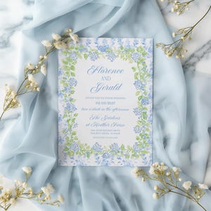Blaue Blumen Hochzeitseinladung Frühling Sommer Pastell Hochzeitseinladung, Vintage Botanischer Garten Hochzeit lädt ein