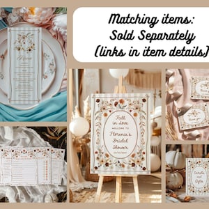 May include: A collage of wedding stationery items, including a menu, sign, thank you cards, and game cards. The items feature floral designs and the text "Fall in Love" and "Florence's Bridal Shower."