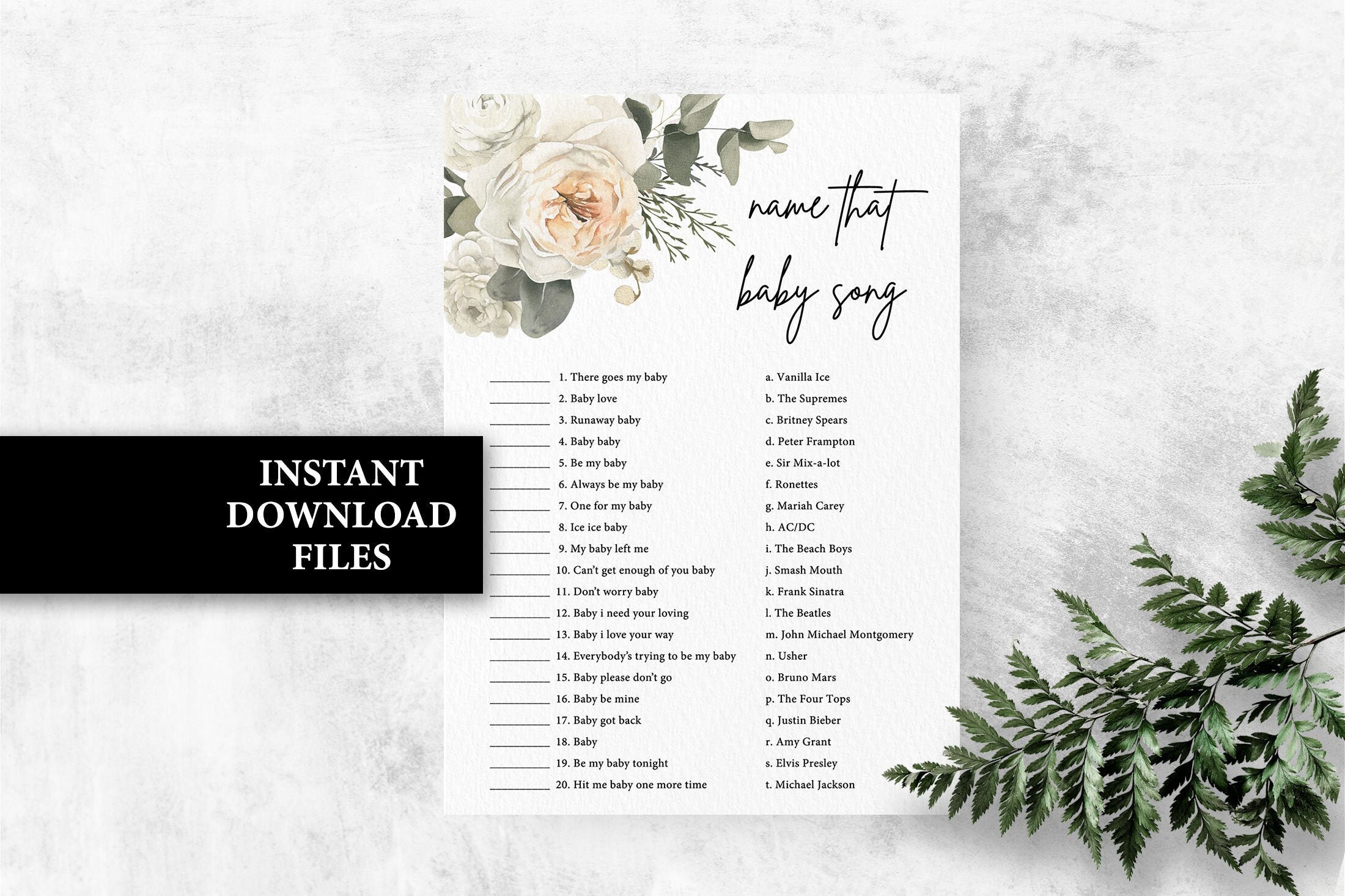 Name That Baby Song Baby Shower Game Printable White Floral Etsy Canada