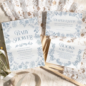 Dusty blue Toile baby shower invitation Boy baby shower invite, Books for baby, Diaper raffle Floral Chinoiserie baby shower invite