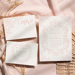 Pink Floral Vintage wedding invitation suite, Victorian wedding theme, Regency Blush Chinoiserie floral crest Baroque wedding invitation