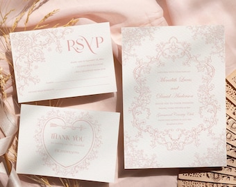 Pink Floral Victorian Wedding Invitation Suite, Vintage Chinoiserie Royal RSVP Cards Thank You Notes