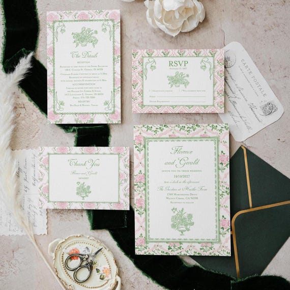 French Grandmillennial Wedding Invitation Suite, Pink Green Floral Vintage Secret Garden party, Editable Template