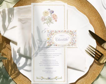Floral Menu & Place Card: Vintage Wildflower wedding, Birthday dinner, Bloom Baby/Bridal shower decor
