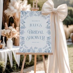 Dusty blue bridal shower welcome sign Toile Chinoiserie bridal shower sign Floral Vintage Something blue before i do decor