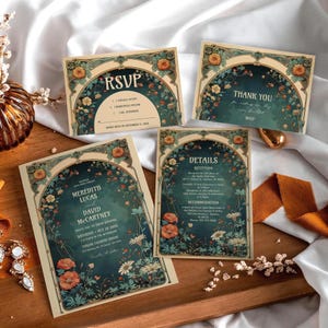 Art Nouveau Floral Wedding Invitation Suite: Green Botanical Fantasy Garden Party Wildflower Design