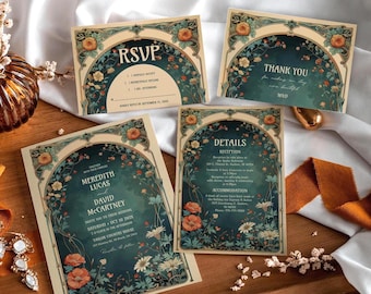 Art Nouveau Floral Wedding Invitation Suite: Green Botanical Fantasy Garden Party Wildflower Design