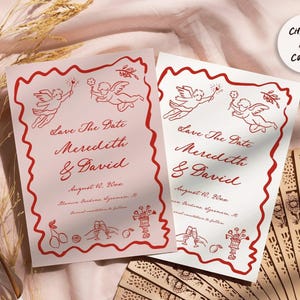 Italienische Save the Date Karte Rosa Rot Hand gezeichnet Amor, Mediterrane Hochzeit Save the Date Vorlage