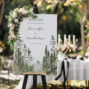 Cartello di benvenuto per matrimonio nella foresta, decorazione per matrimonio in stile boho in montagna, modello stampabile per cartello di benvenuto nella foresta, decorazione per matrimonio in stile boho in legno