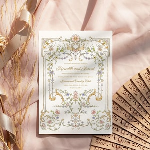 Chinoiserie Floral Wedding Invitation: Victorian Pink and Gold Editable Template 5x7 image 1