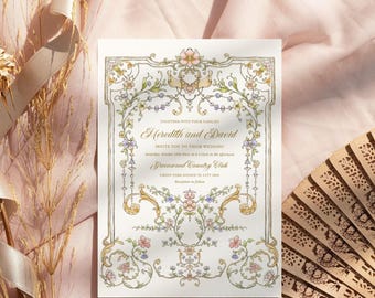 Chinoiserie Floral Wedding Invitation: Victorian Pink and Gold Editable Template 5x7