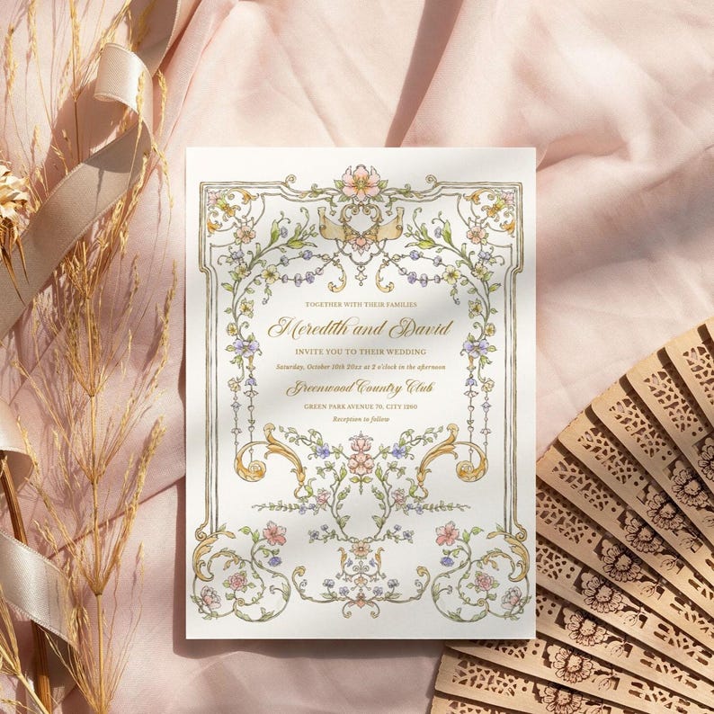 Chinoiserie Floral Wedding Invitation: Victorian Pink and Gold Editable Template 5x7 image 1