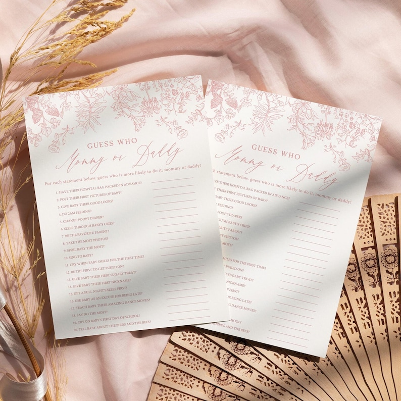 Pink Toile Baby Shower Game: Mommy or Daddy, French Floral theme image 1