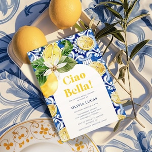 Lemon bridal shower invitation Mediterranean Amalfi coast Positano blue tiles invite, citrus Italian bridal shower invite Ciao bella
