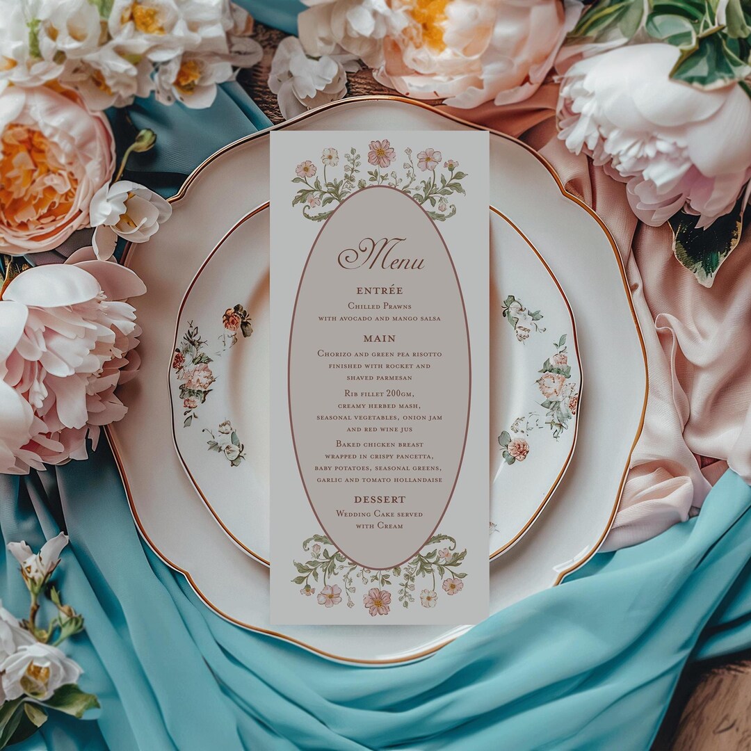 Pink Flowerbackdrop Menu Green Pink Floral Menu Template: Vintage Botanical Garden Party Table ...