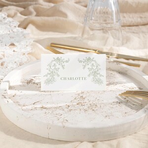 Sage green floral place card Toile wedding name cards Vintage baby shower food labels, Buffet cards Chinoiserie Bridal shower decor