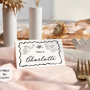 Cartes de lieu de mariage dessinées à la main Cartes de buffet à gribouiller, Bordure ondulée illustrée Cartes de nom de Cupidon et Étiquettes de nourriture de mariage manuscrites