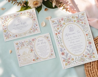Invitación para fiesta de té con diseño floral pastel para niña, temática de jardín primaveral con flores silvestres vintage