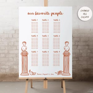 Mediterranean seating chart sign Handwritten wedding sign Italian Greek theme party decor, Guest list seating sign Hand drawn seating plan
