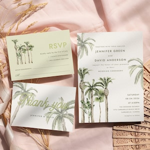Invitación de boda con palmeras Plantilla de invitación de boda en la playa, conjunto de invitaciones de boda de destino boho tropical