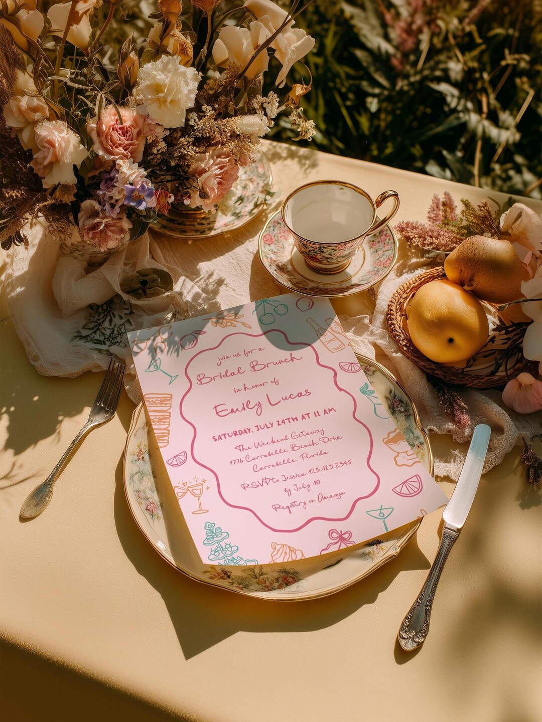 Whimsy Prom Invite Whimsy Bridal Brunch Invitation, Pastel Doodle, Italian Garden Party ...