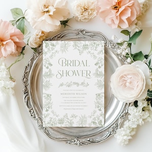 Sage green bridal shower invitation Vintage Floral Toile bridal shower invite, Chinoiserie bridal shower invitation
