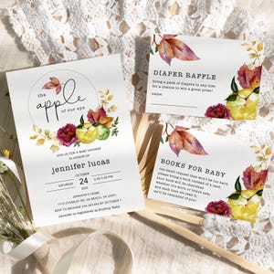 Apple baby shower invitation Neutral apple of our eye invitation set, fruit baby shower invite boy girl party fall theme