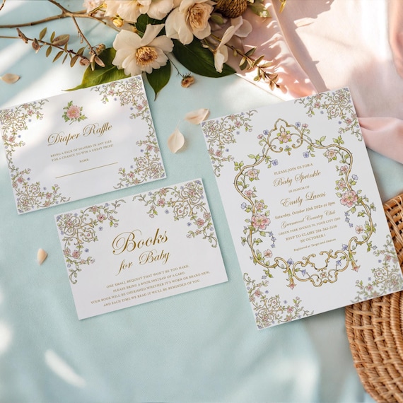 Vintage Chinoiserie Baby Sprinkle Invitation: Blue Pink Floral Crest Victorian Template