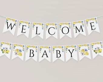 Lemon baby shower banner Citrus welcome baby garland template, Bunting flags Girl Blue floral citrus baby shower decoration