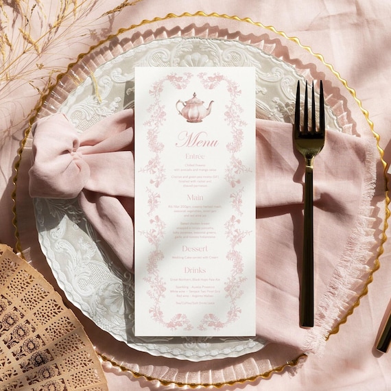 Pink Toile Tea Party Menu, French Floral Bridal Shower (Editable Template)