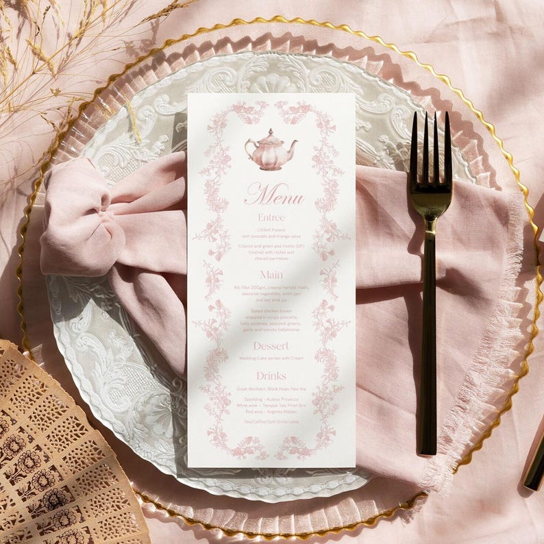 Pink Toile Tea Party Menu, French Floral Bridal Shower (Editable Template) image 1