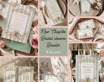May include: A bridal shower stationery bundle featuring a sage green and white striped pattern with floral accents and a stack of books illustration. The set includes an invitation, menu, thank you tag, place cards, table numbers, and a welcome sign.