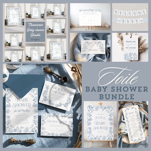 Dusty blue Toile baby shower Invitation Bundle, Vintage blue floral decor, French Toile de Jouy Games Chinoiserie Boy baby shower invite set
