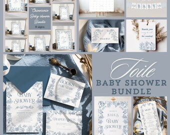 Dusty Blue Toile Baby Shower Invitation Bundle, Chinoiserie Floral Decor, Signs and games