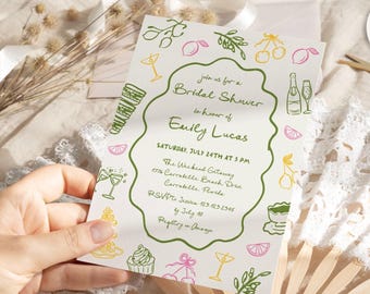 Mediterranean Bridal Shower Invitation, Hand drawn Lemon Olive Branch Summer party Editable Template
