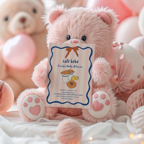 Café Bébé Baby Shower Invitation Template: Pink Coquette Bow French Patisserie Brunch Editable