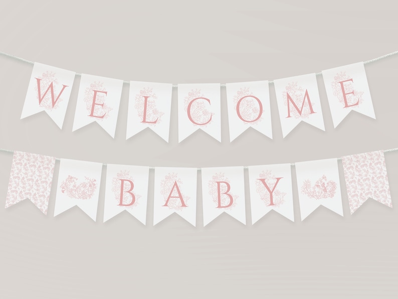 May include: White banner with pink floral designs and the words "WELCOME BABY" in pink letters.