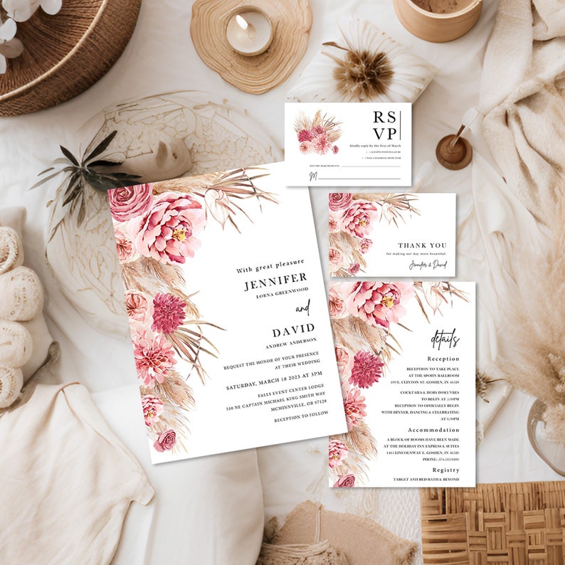 Pampas wedding invitation boho tropical wedding invite printable, Spring summer pink floral Beach wedding invitation suite image 1