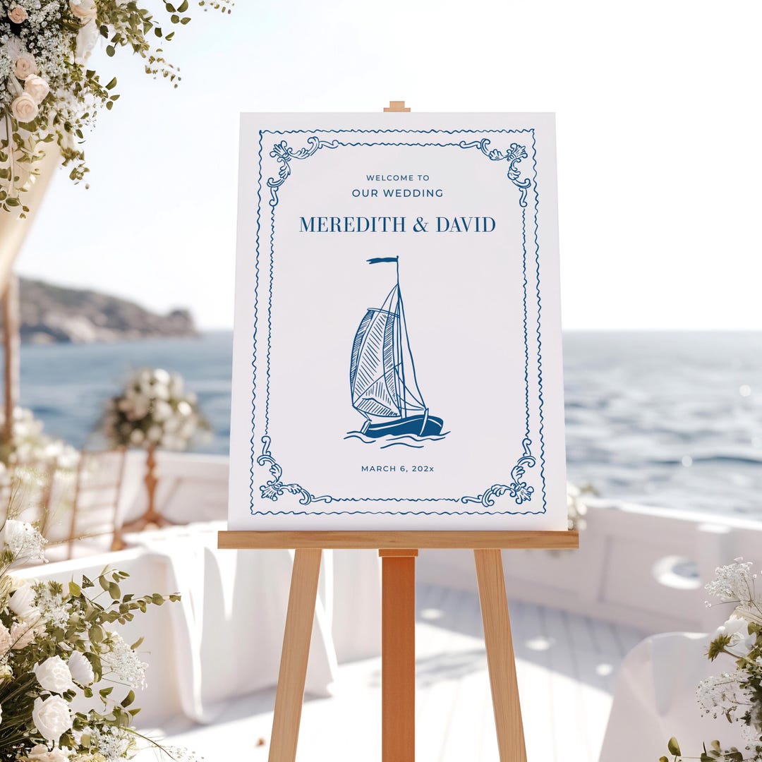Nautical Wedding Welcome Sign: Blue Sailing Boat, Coastal Decor ...