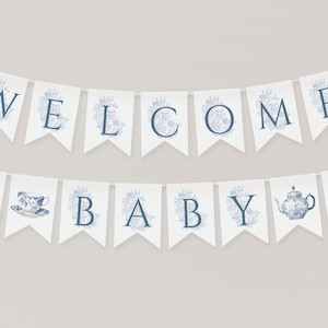 Toile Tea party baby shower banner Dusty blue Chinoiserie baby shower Bunting flags vintage floral Garland Toile tea party decoration